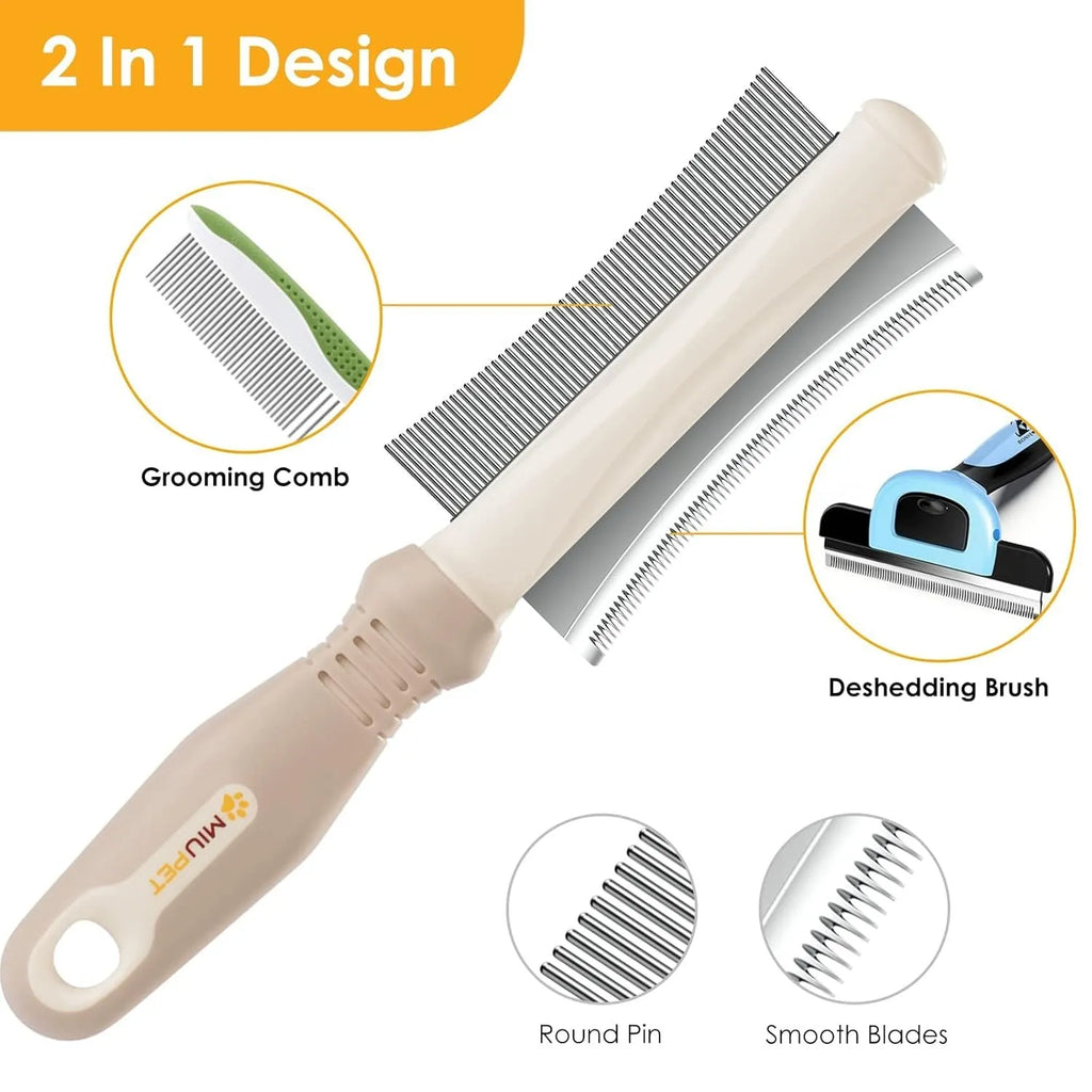 White double-sided dog and cat brush showing comb and deshedding blade with ergonomic handle.