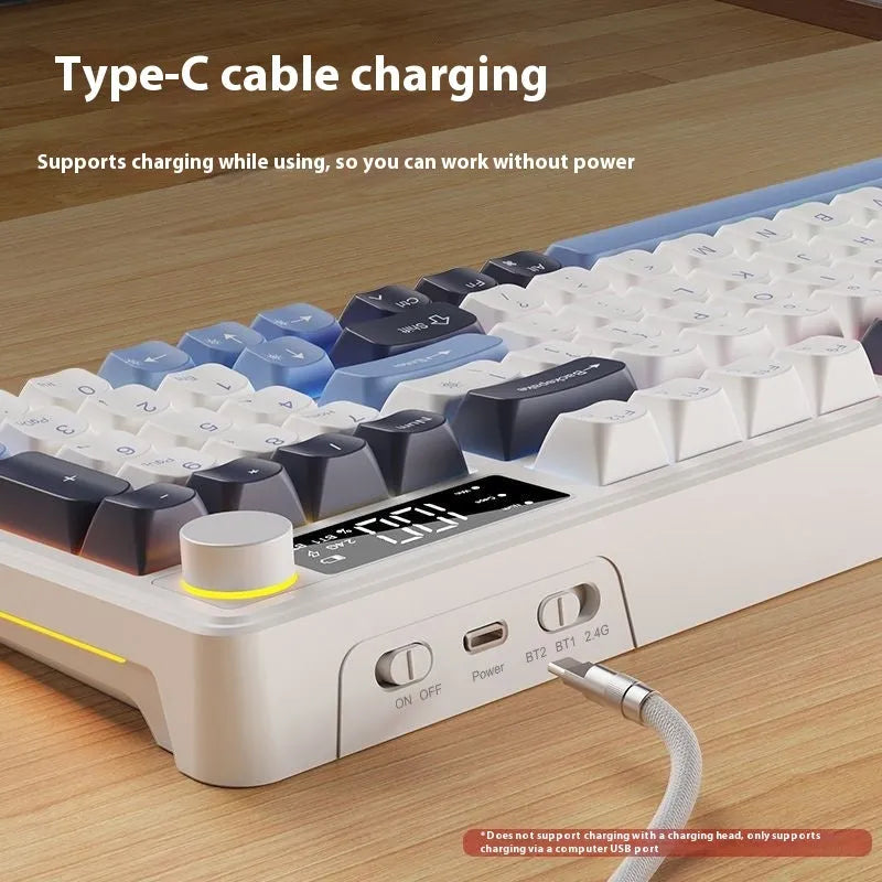 Blue white wireless mechanical keyboard and mouse combo with USB-C cable