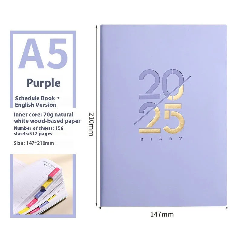 2025 A5 daily planner with soft faux leather cover in multiple colour options showing open pages