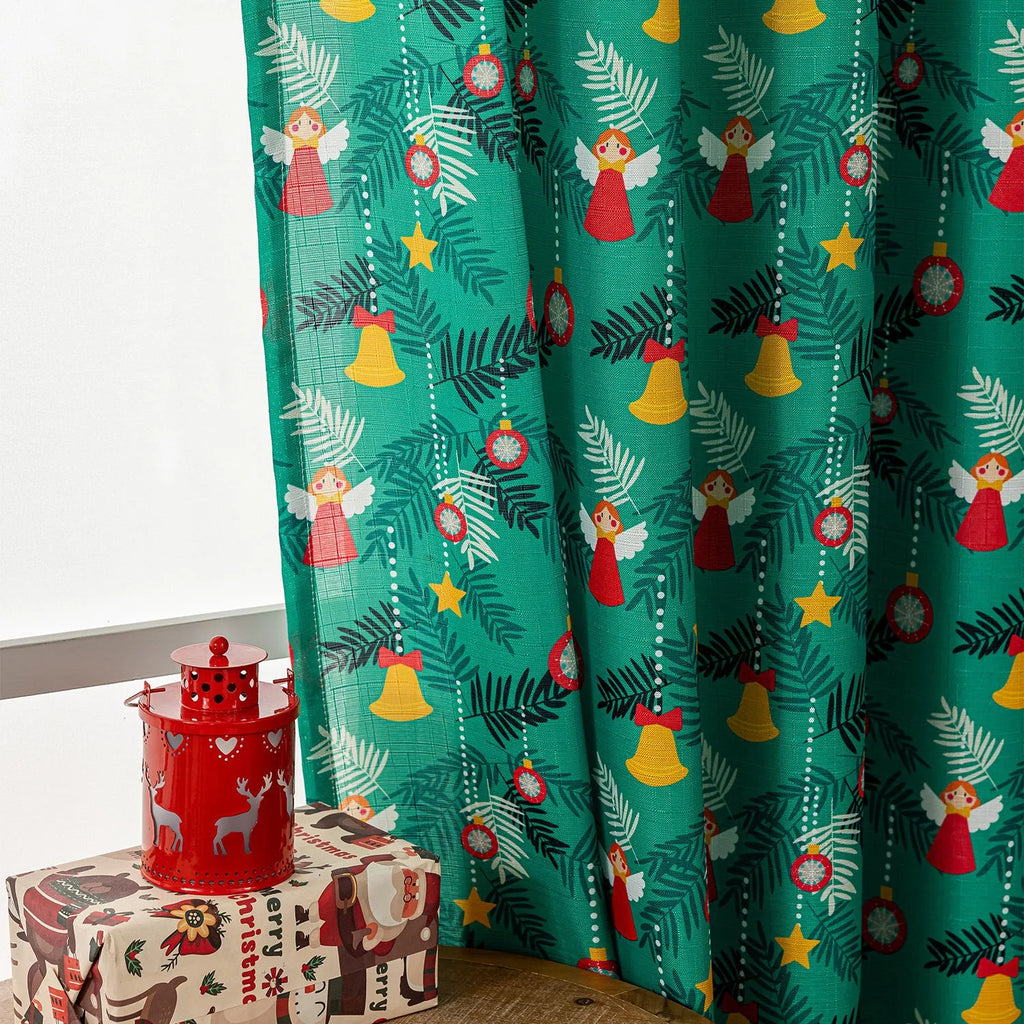Red Christmas curtain with printed cartoon snowman and angel figures