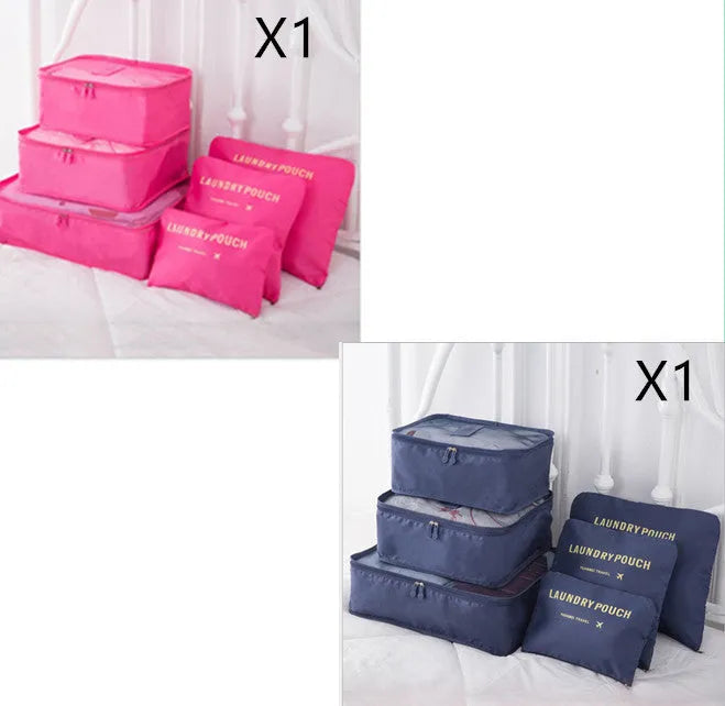 6 PCS travel storage bag set in polyester with handbag shape, multiple colour options for clothes and cosmetic organisation