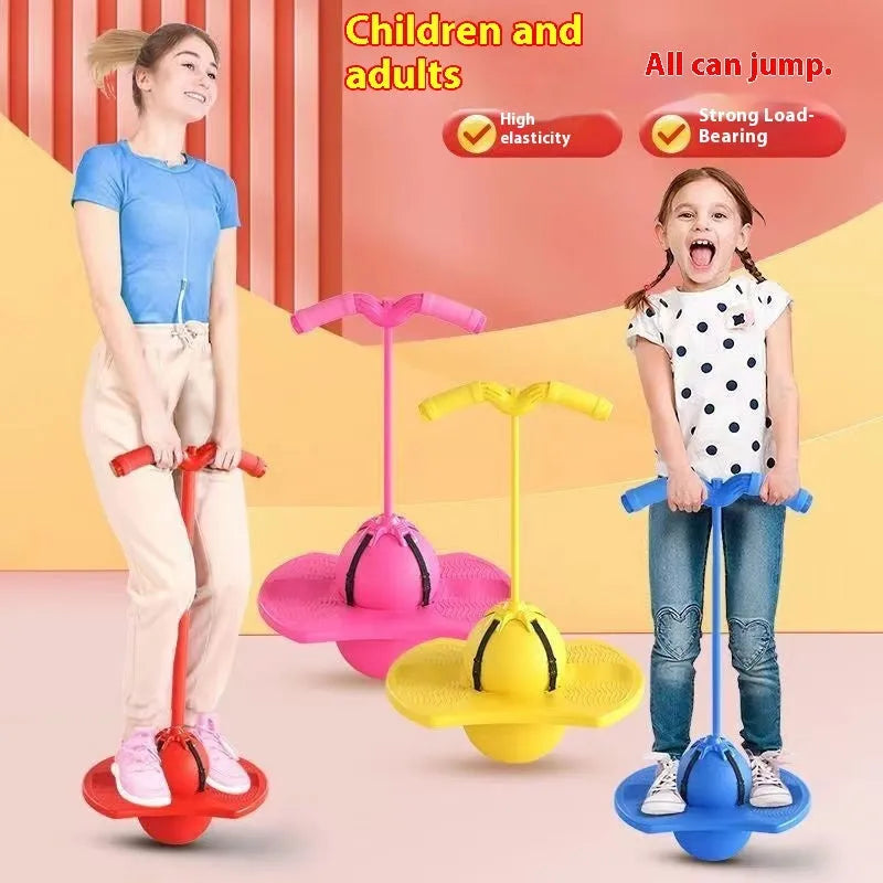 Plastic bouncing ball with handle or cordless options in blue, pink, or purple, for ages 7-14