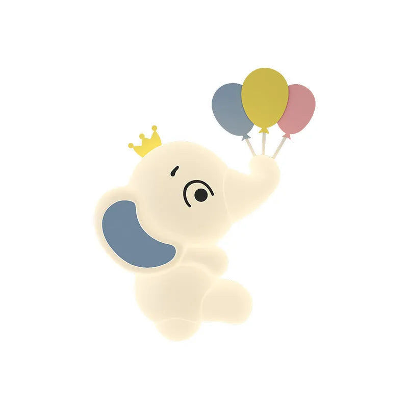 White cartoon elephant wall light with tricolour dimming, 22cm balloon elephant design, on a wall in a child's room