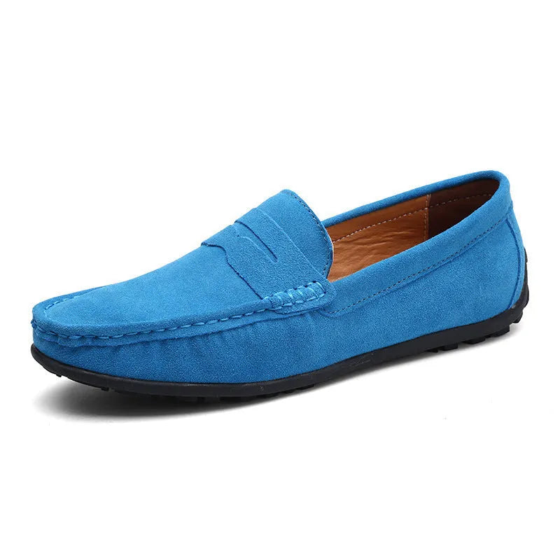 Men's suede leather Gommino casual shoes with flat rubber sole and round toe in black