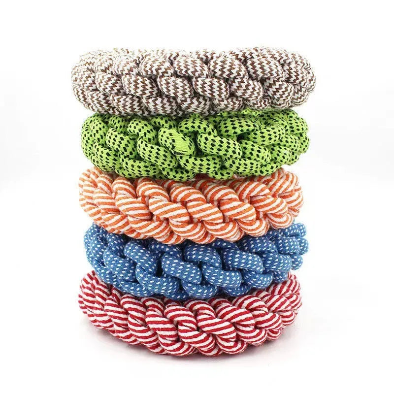 Cotton string braided ring pet chew toy in random colour, approximately 18cm woven design