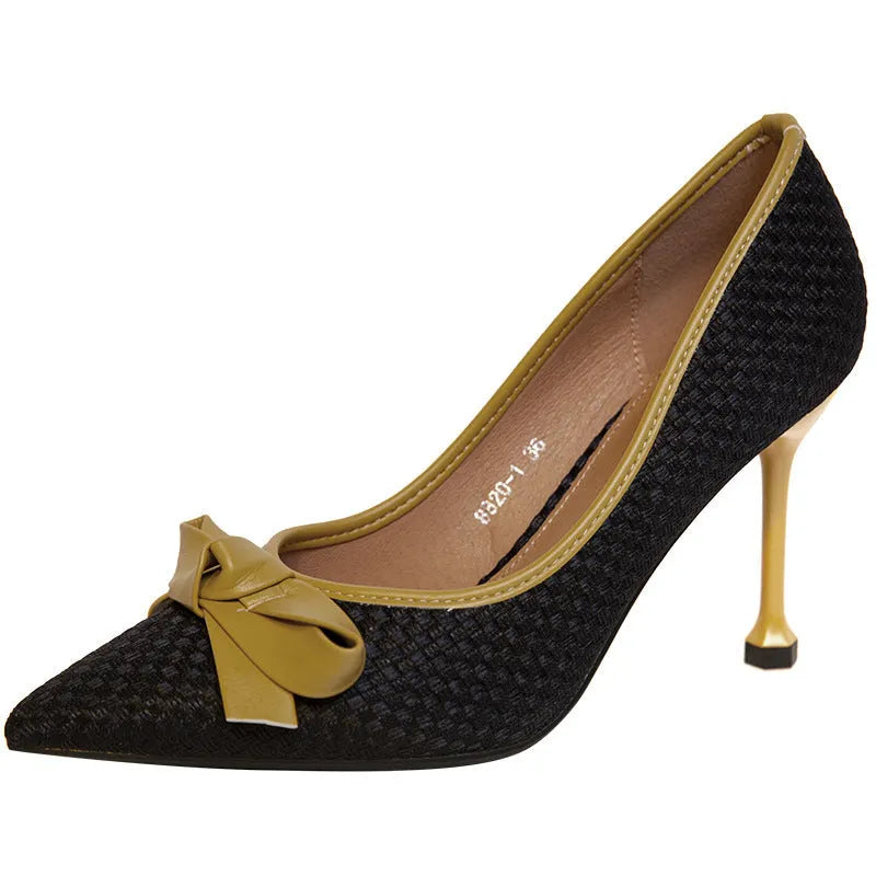 Women's suede bow stiletto pointed high heels in black, grey, and blue, 6-8cm heel, sizes 34-40