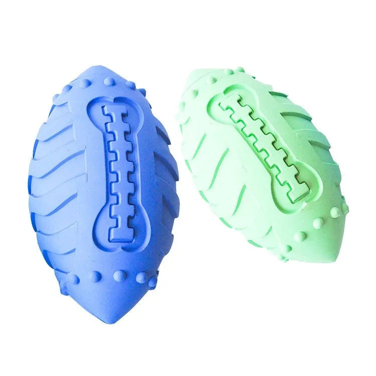 Bite-resistant rubber rugby dog toy in light green or blue with vocal features for interactive training