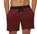 Men's blue stitching waist athletic shorts with a drawstring and zippered side pocket.