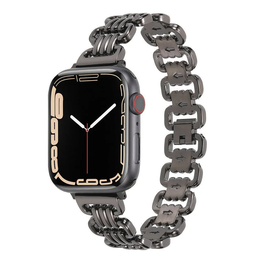 Alloy metal Apple Watch bracelet in silver, black, gold, rose gold, and starlight colours on a grey background.