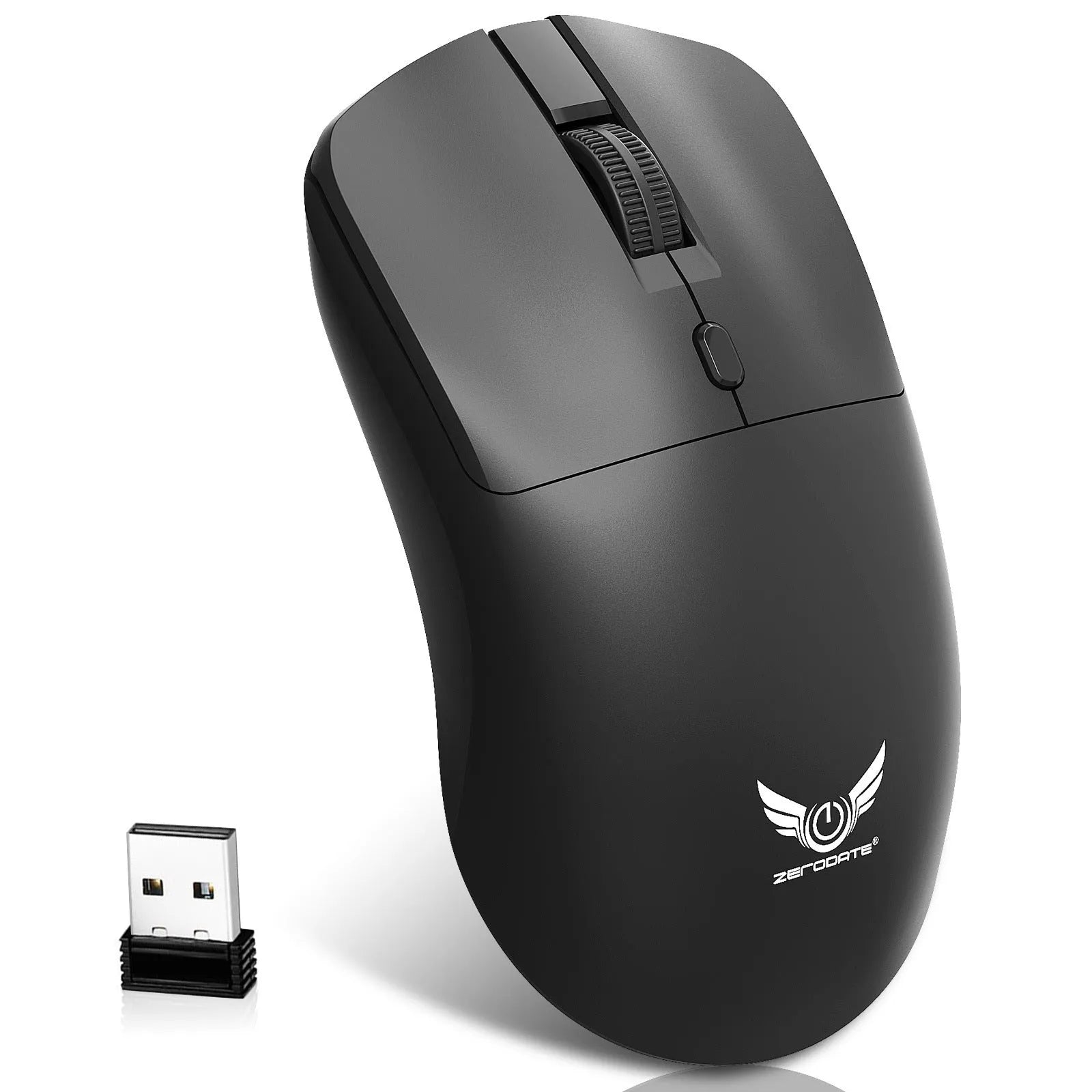 Black wireless computer mouse with a three-gear volume control button on the side.