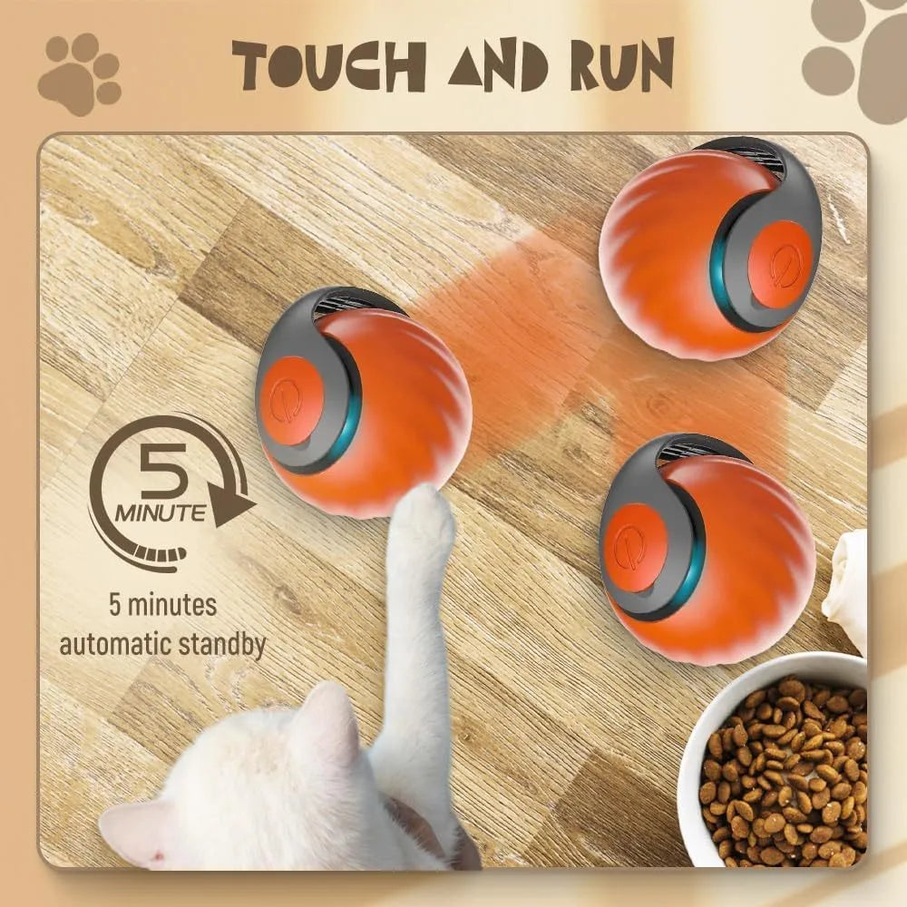 Blue and red rechargeable self-moving interactive ball toy for indoor cats and dogs on a plain background.