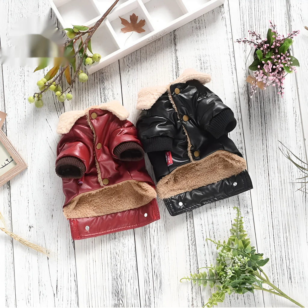Red two-legged PU leather dog coat with fleece lining shown on a small dog, sized for winter.
