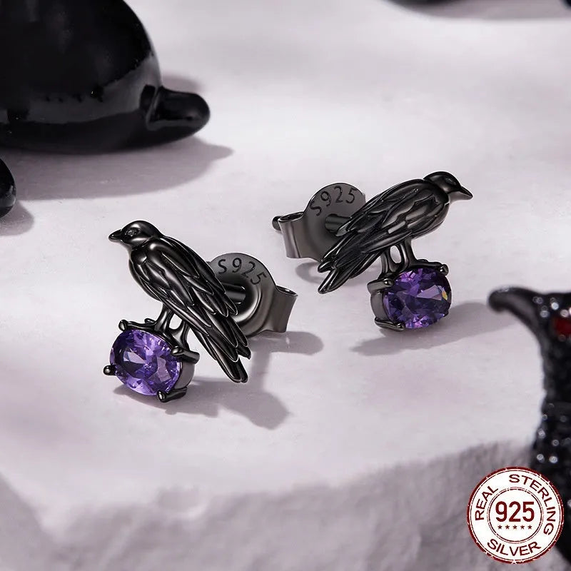Halloween dark style crow stud earrings in S925 sterling silver with black electroplating for women