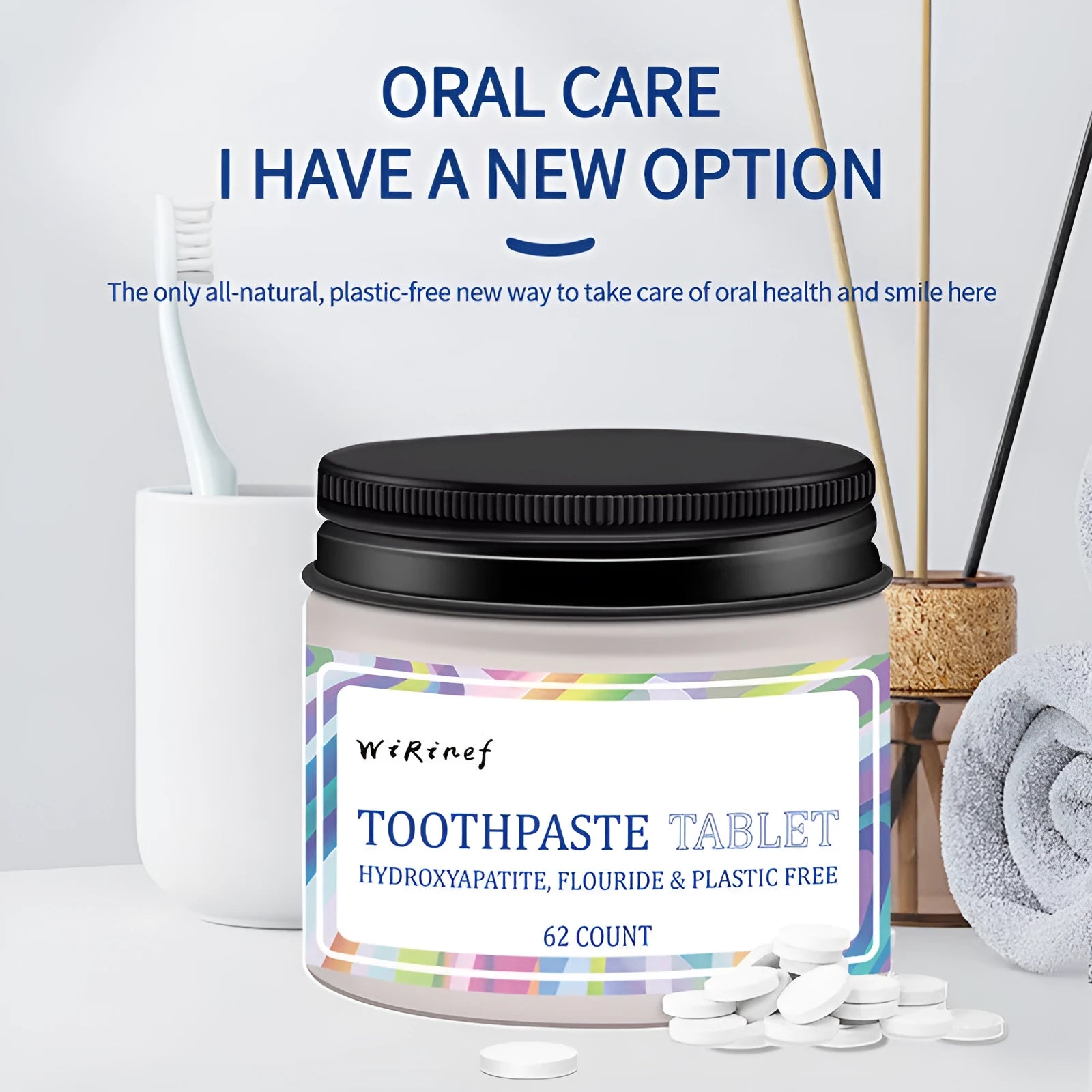 Portable mint toothpaste tablets in white container, 62 pieces for travel dental care