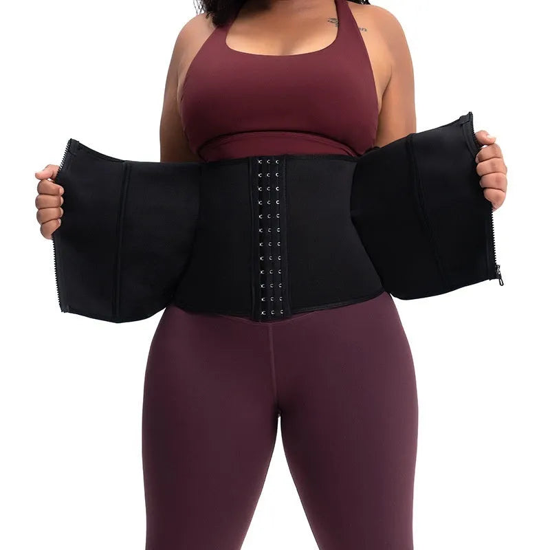Neoprene body shaping belly band in black, shown flat, with a buckle or fastener visible.