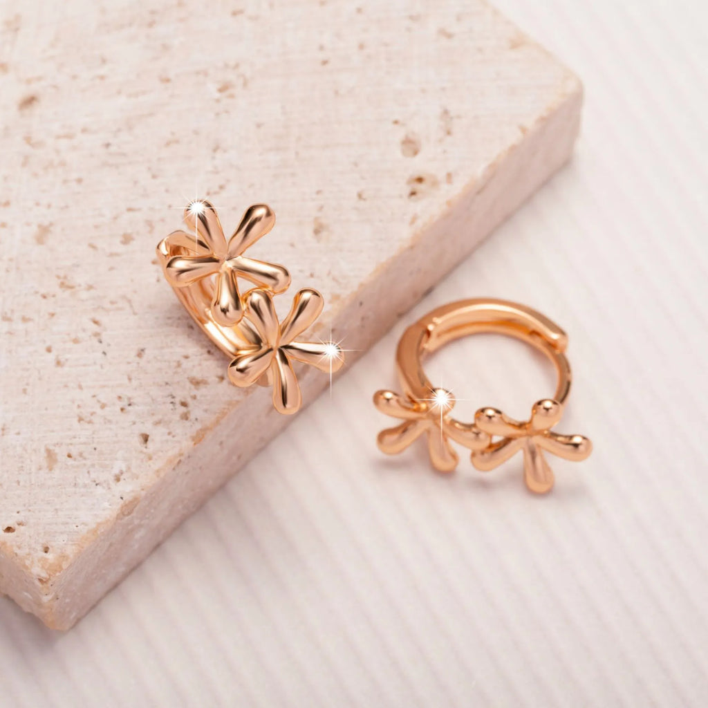 A pair of circular rose gold waterdrop flower earrings for women with a fresh, sweet style.