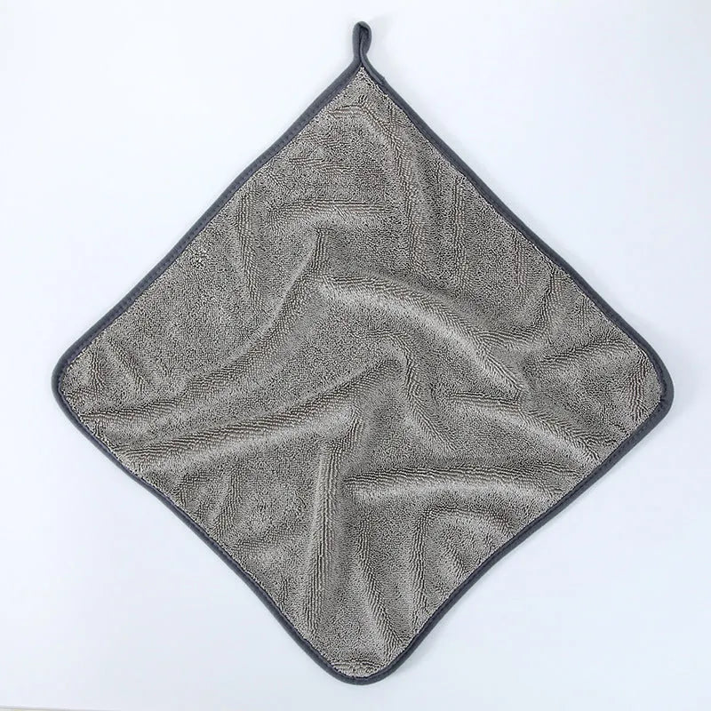 Grey braided twisted car cleaning towel shown in a large size next to a smaller size option.