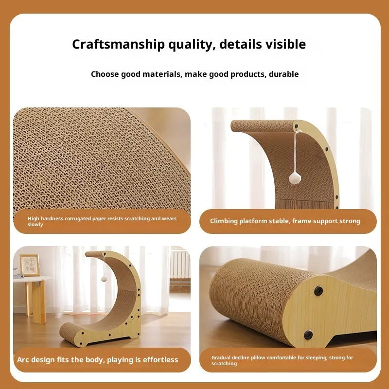 Corrugated paper cat scratching board with arc-shaped scraper bed, nest and climbing frame, plus replacement core.