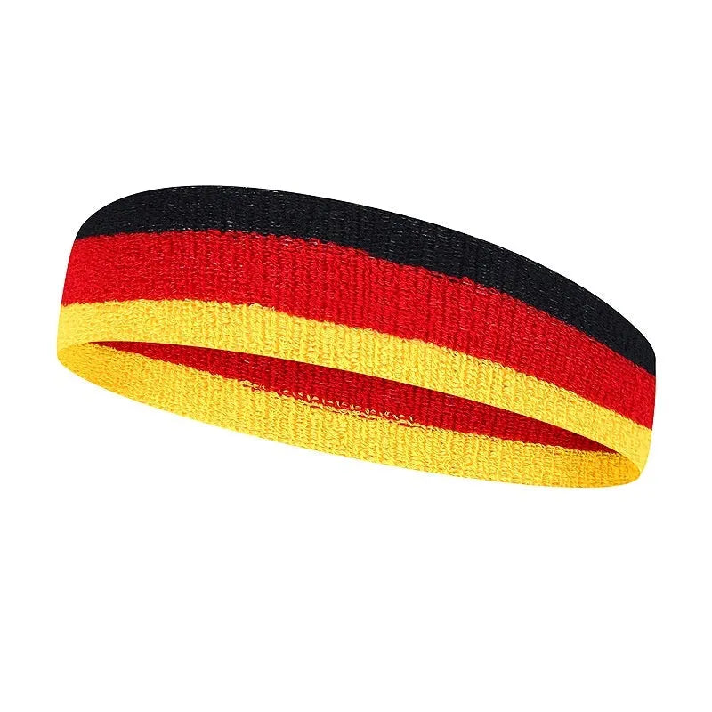 Three-colour elastic sports headband for adult athletic activities measuring 5.5cm by 20cm