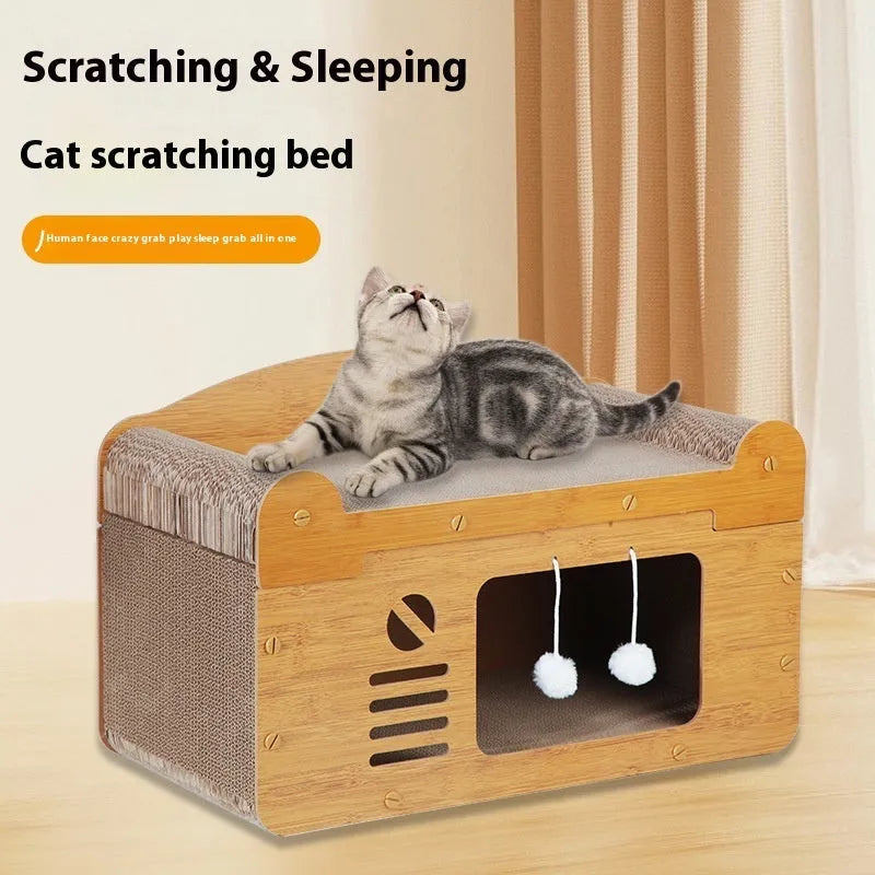 Corrugated paper double-layer cat house with double ball double door design for indoor cats