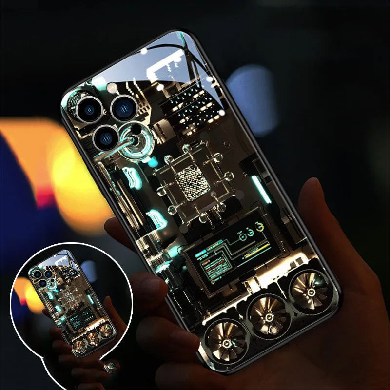 Xpress 14 tempered glass protective case for iPhone with light-up diamond design on a dark background.