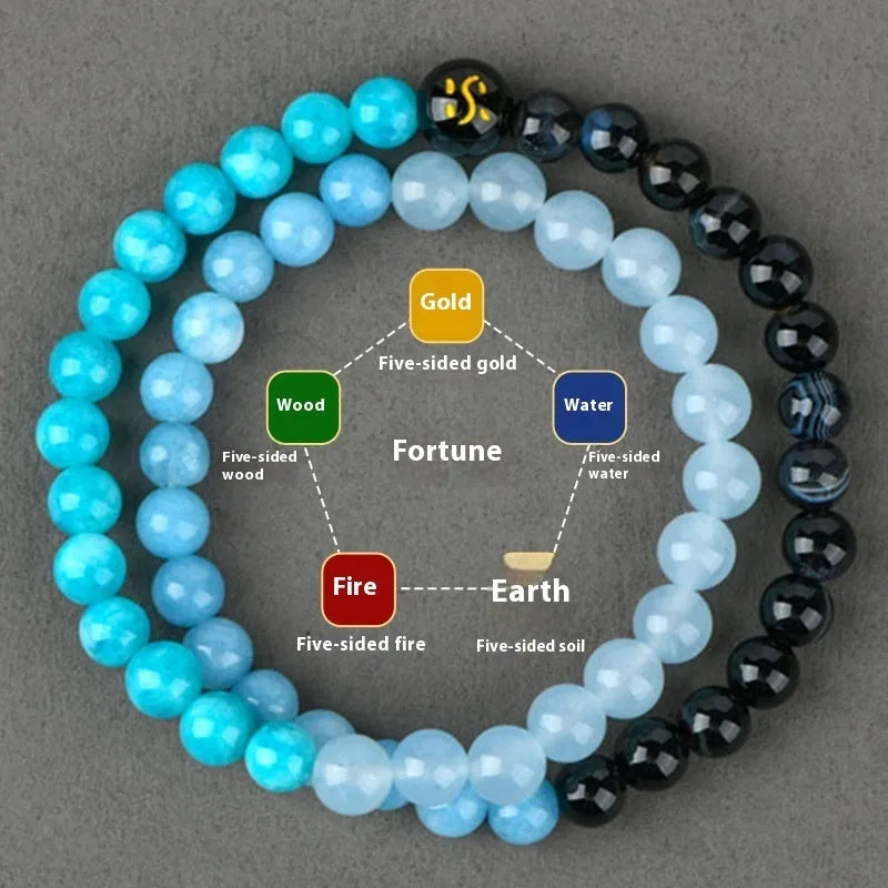 Handmade women's natural duobao crystal bracelet with double ring geometric design in five elements colours