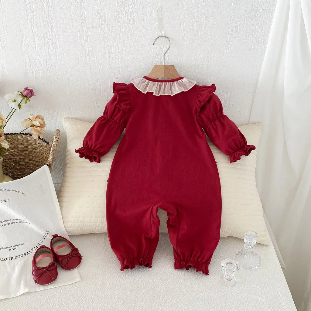 Red cotton long sleeve baby jumpsuit for autumn, double breasted climbing style, suitable for 66-90cm height