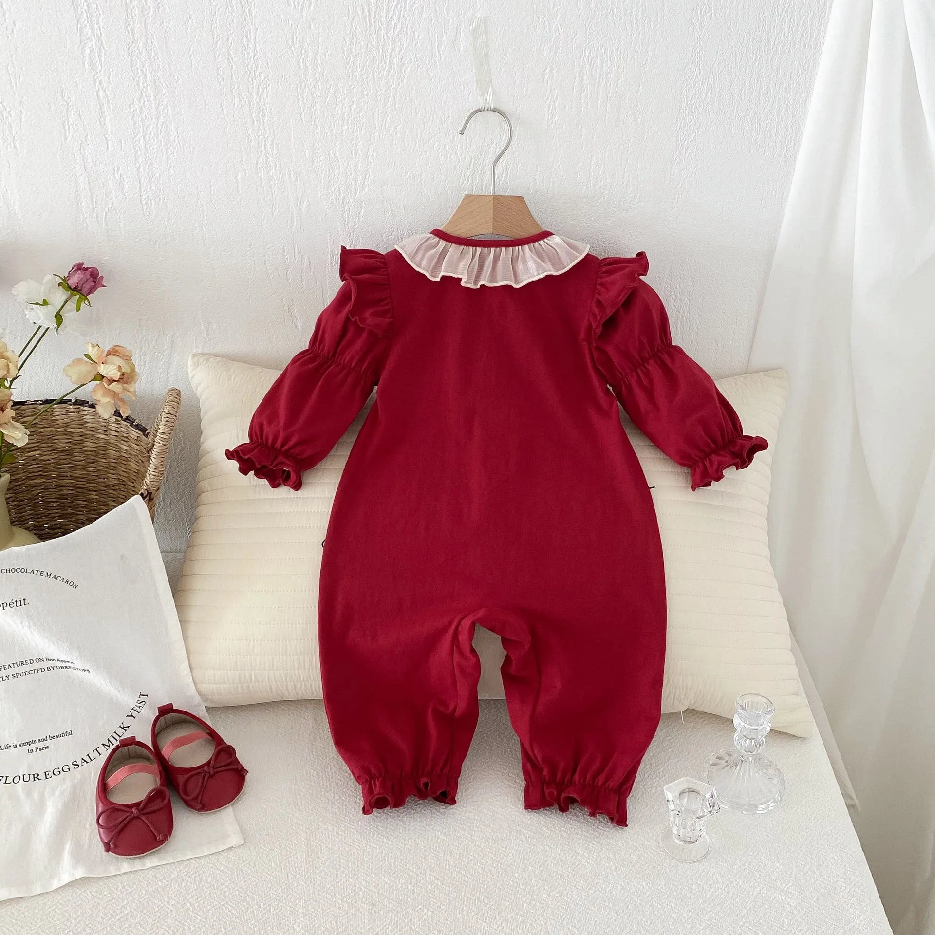 Red cotton long sleeve baby jumpsuit for autumn, double breasted climbing style, suitable for 66-90cm height