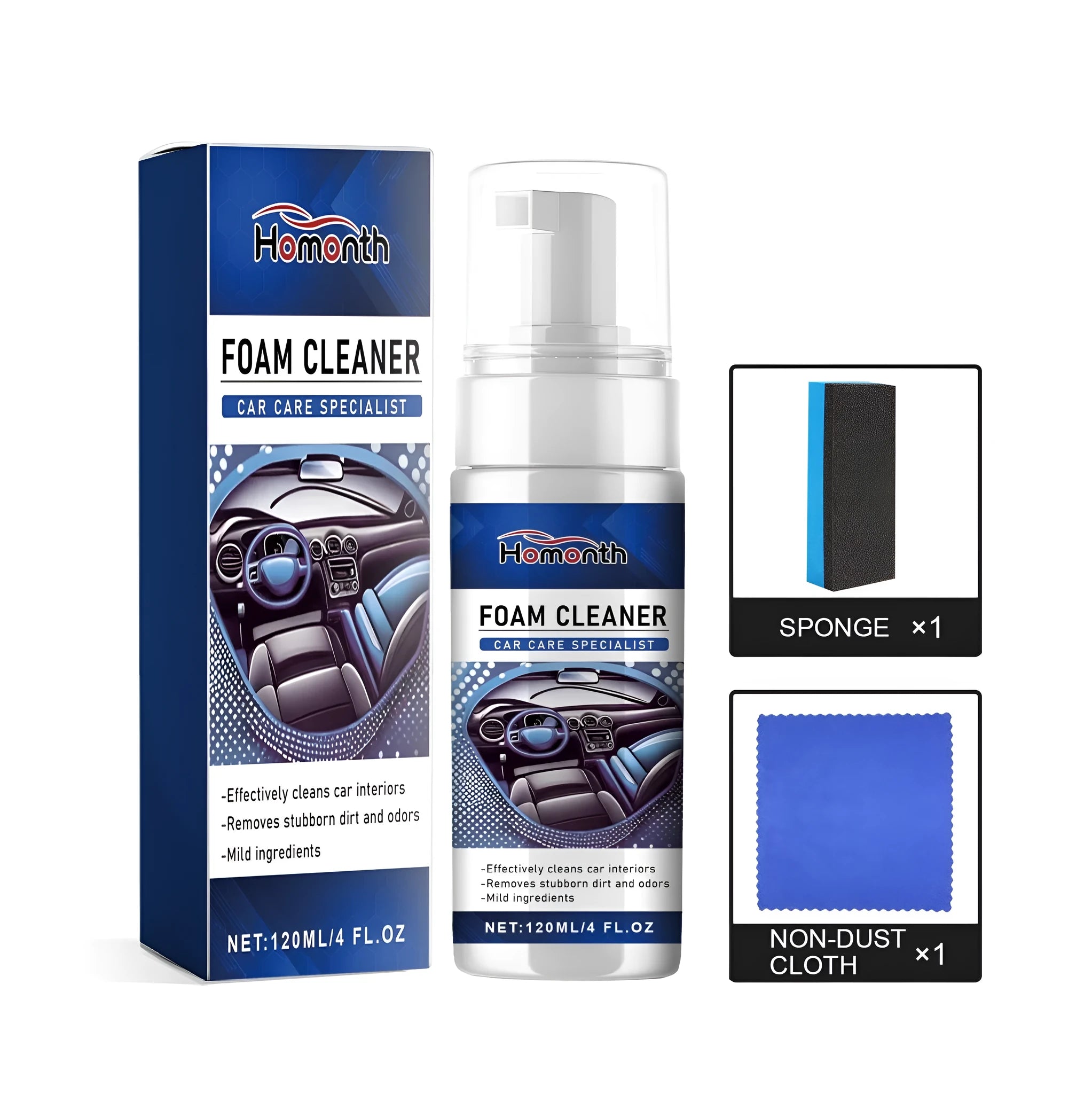 Car interior cleaner kit showing 120ml PET bottle, 20x20cm microfiber cloth, and 3x1.5x7cm sponge for vehicle cleaning