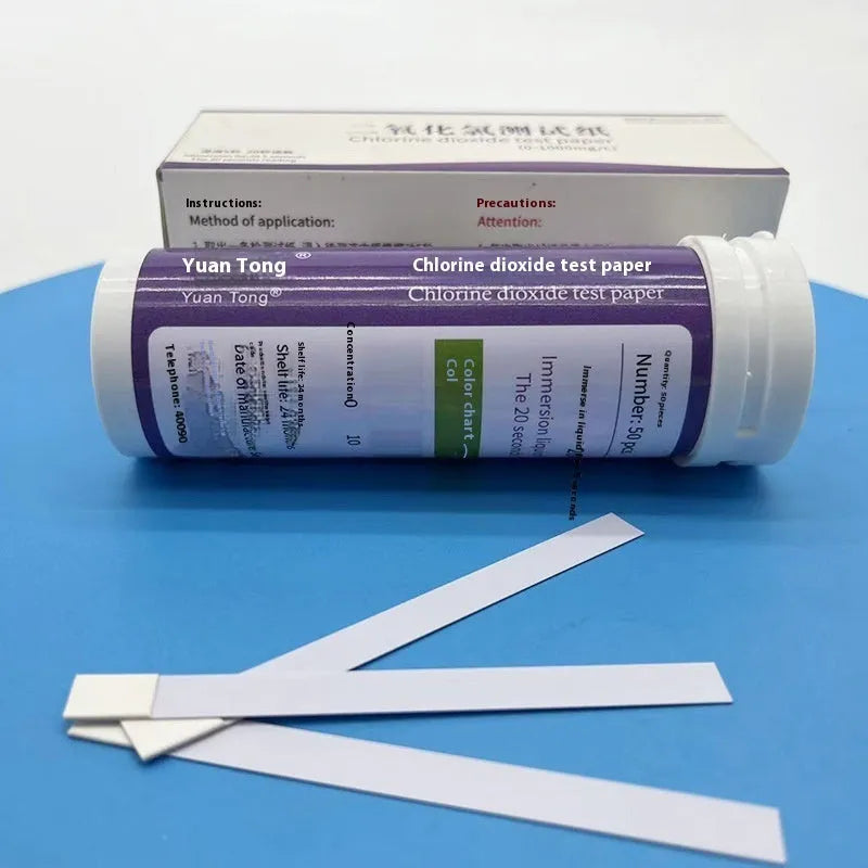 Bottle of 50 chlorine dioxide test papers for 0-1000mg/L waste water concentration detection.