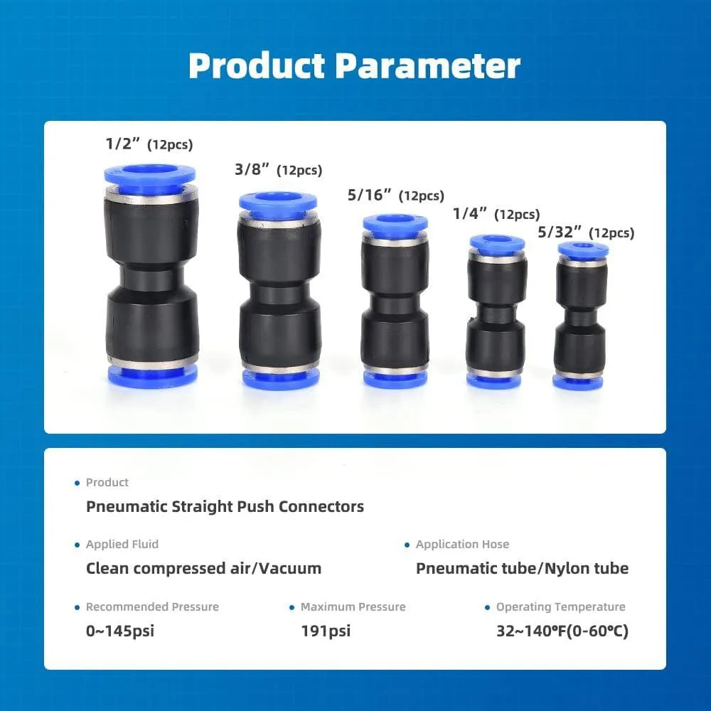 60-piece alloy plastic pneumatic push-in connector set showing R1/4 and R1/2 inch fittings