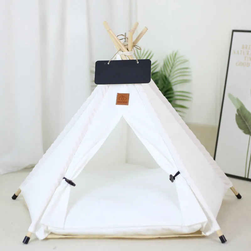 Flax linen portable teepee bed for small dog or cat with striped pattern and cushion