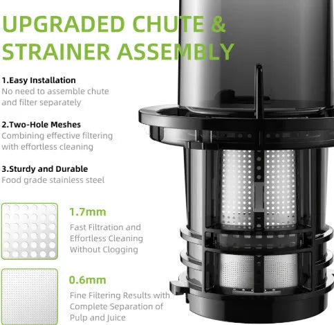 Large diameter low speed juice extractor with plastic body and wide feed chute for whole fruits