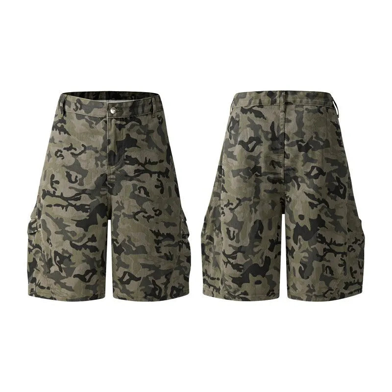 Grey loose-fit retro washed cotton shorts with elasticated waistband on a hanger.