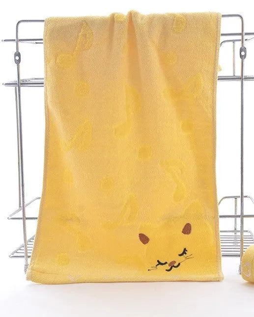 Bamboo fiber kitten face bath towels set of four colours blue green pink yellow 25x50cm