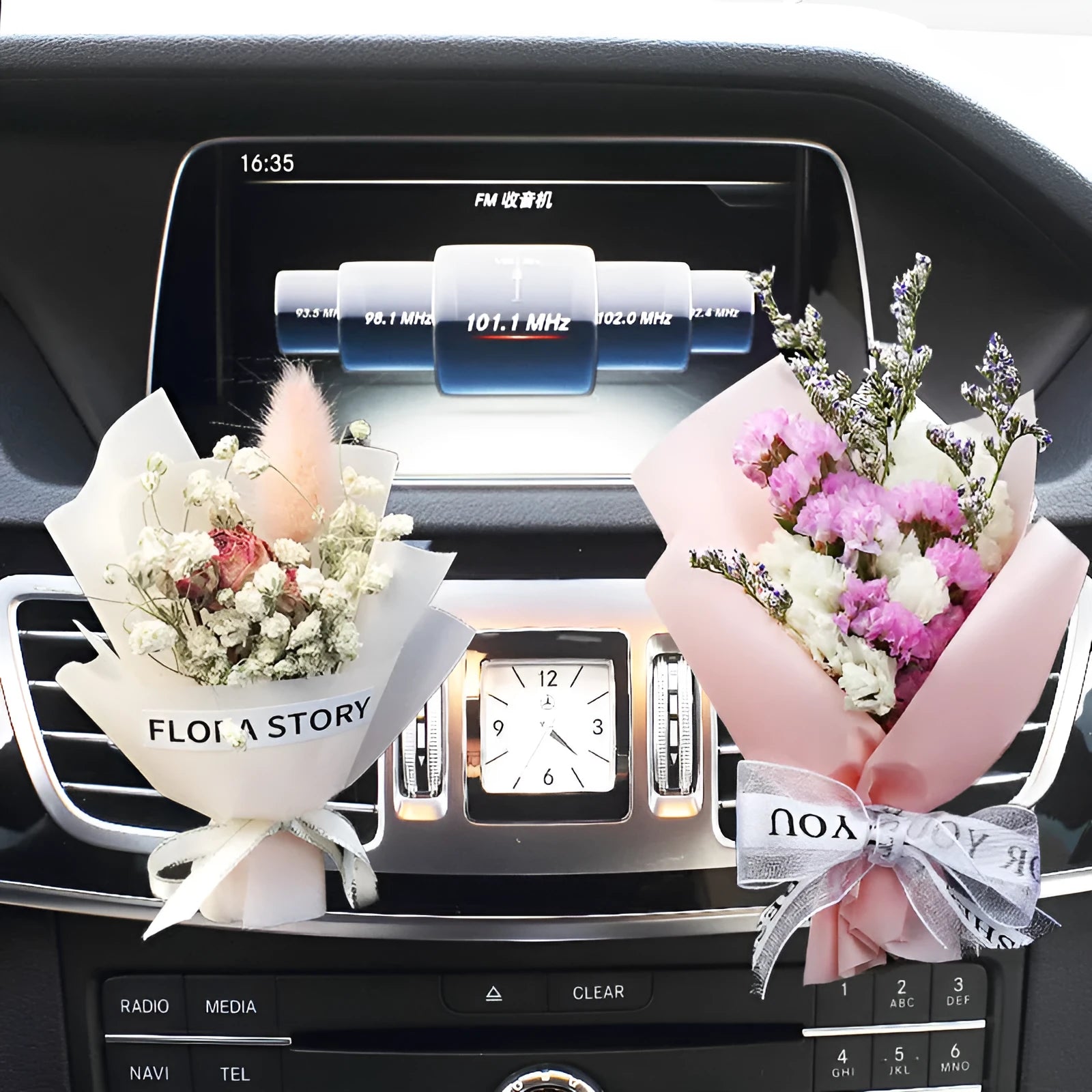 Car vent mounted dried flower bouquet decorative accessory in various floral styles