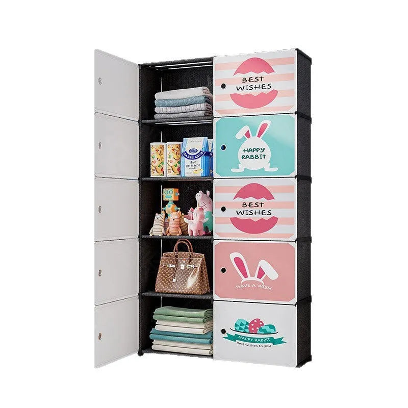 Black and white PP grid storage cabinet with door, modular floor unit for living room