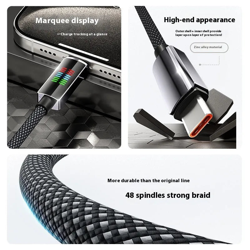 240W super fast charge Type-C woven cable with smart horse running light LED display in black, 1.2m length