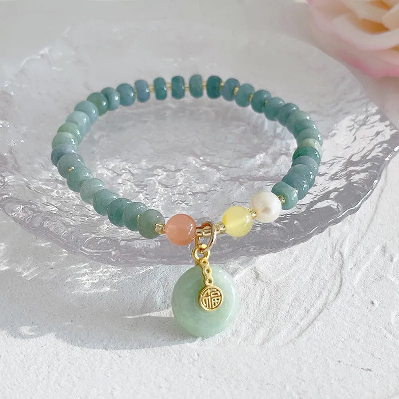 Women's natural blue water jade bead bracelet with gourd peace buckle charm