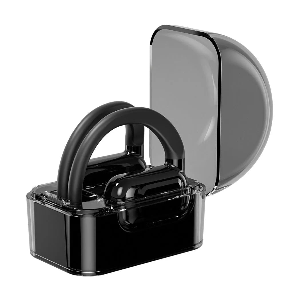 Wireless conduction Bluetooth headset in black with ear hook and digital display