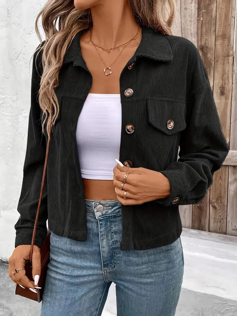 Women's retro artistic shirt coat jacket in medium thickness polyester fabric, button front with long sleeves