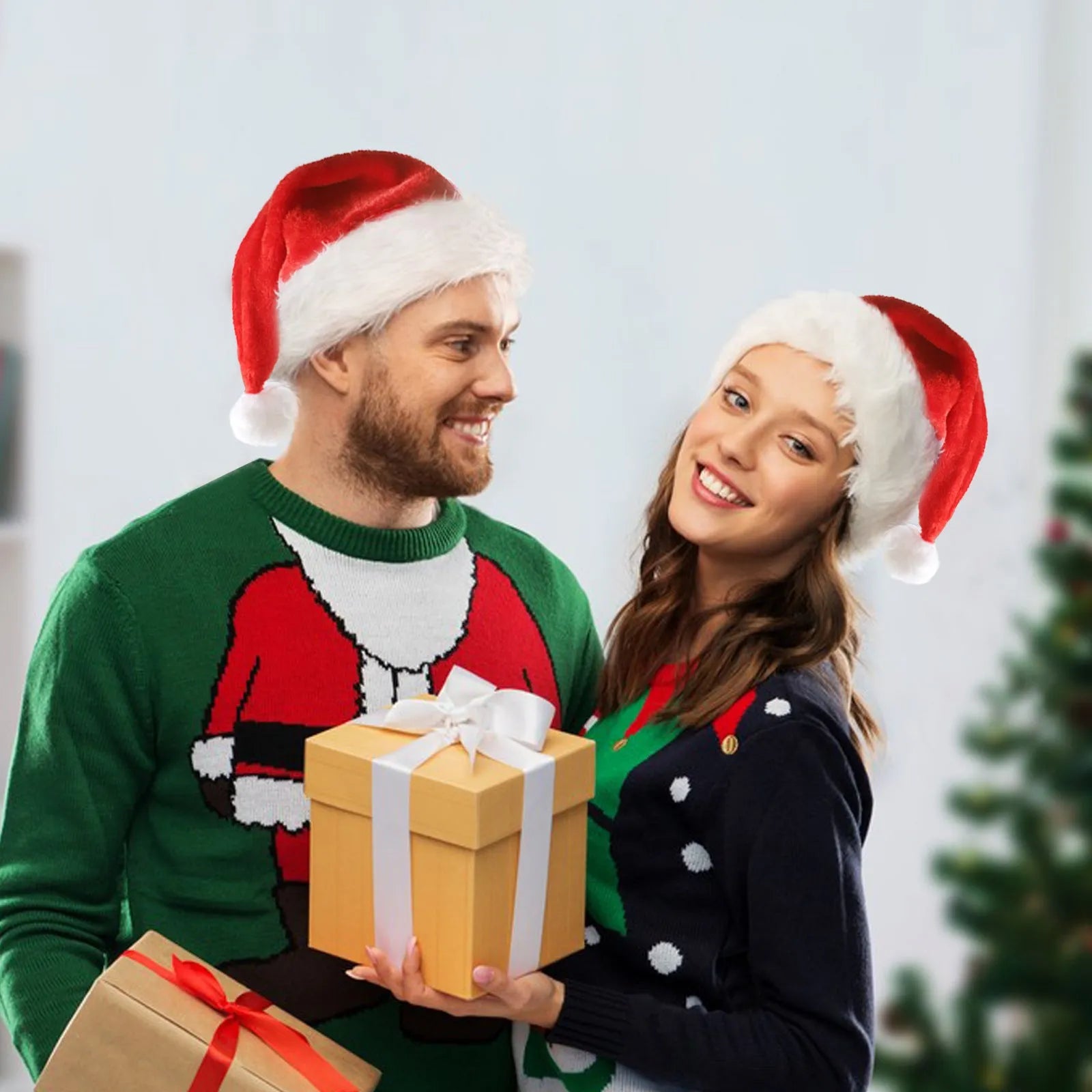 Red and white plush Santa hat with multicoloured LED lights glowing around brim and pom-pom decoration