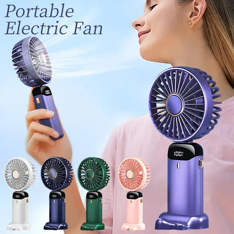 Blue portable USB rechargeable fan shown in handheld mode, with folding neck strap and digital battery display