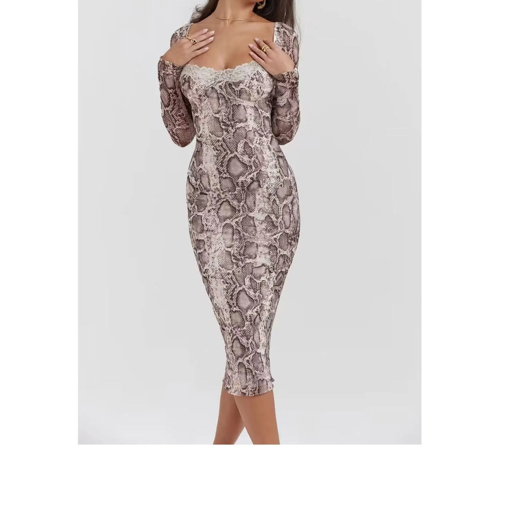 Grey digital printed lace dress with 3D effect pattern, long sleeves, and A-line silhouette