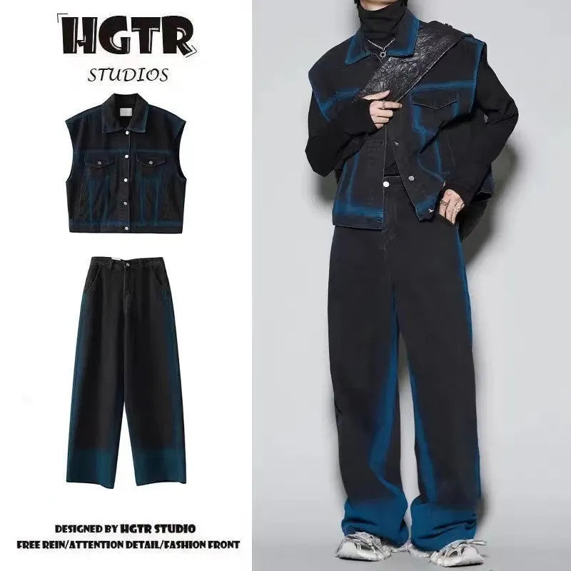 Youth fashion distressed sleeveless vest and jeans two-piece suit set in blue or black colour options