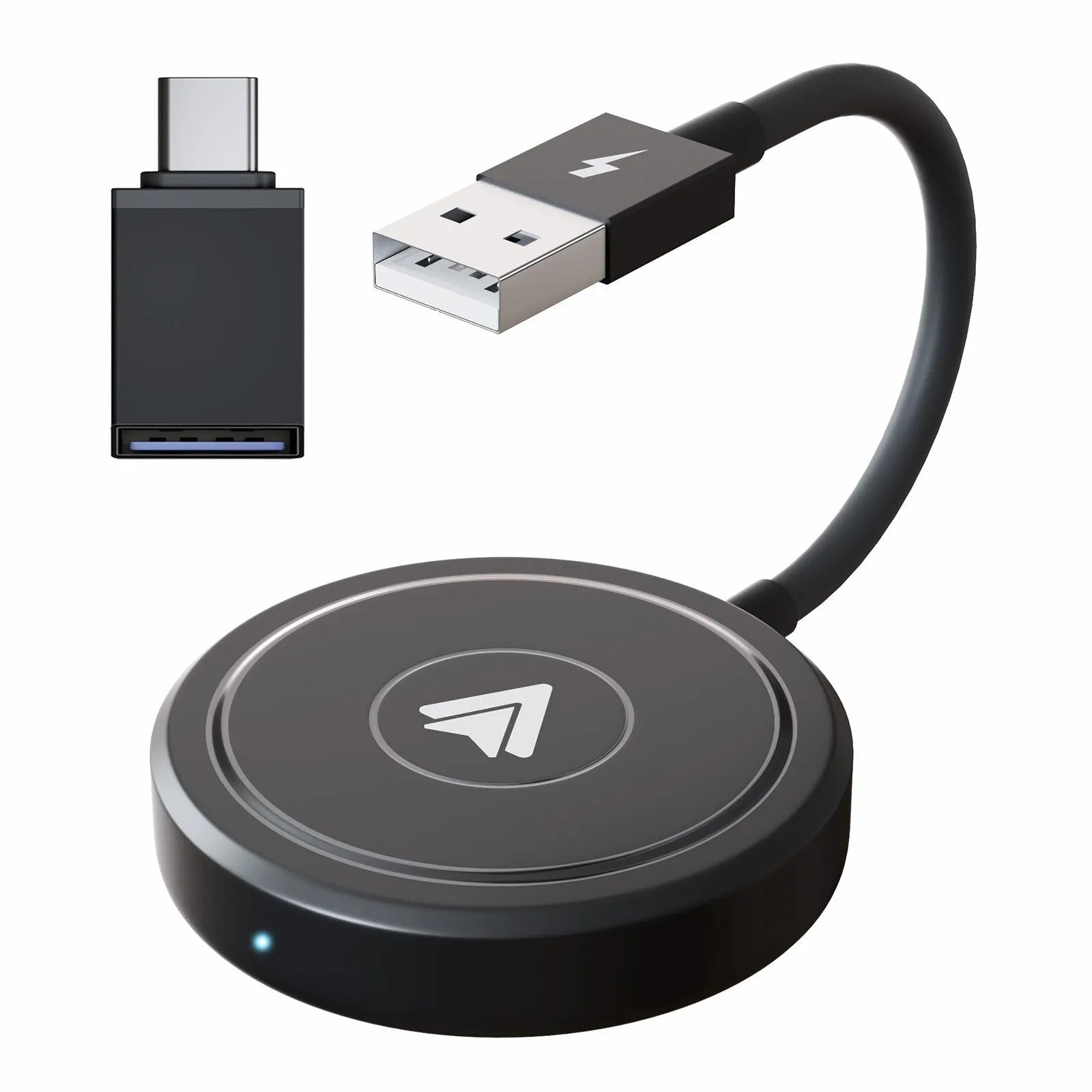 Car wireless Android adaptor for CarPlay systems in black and white colour options.