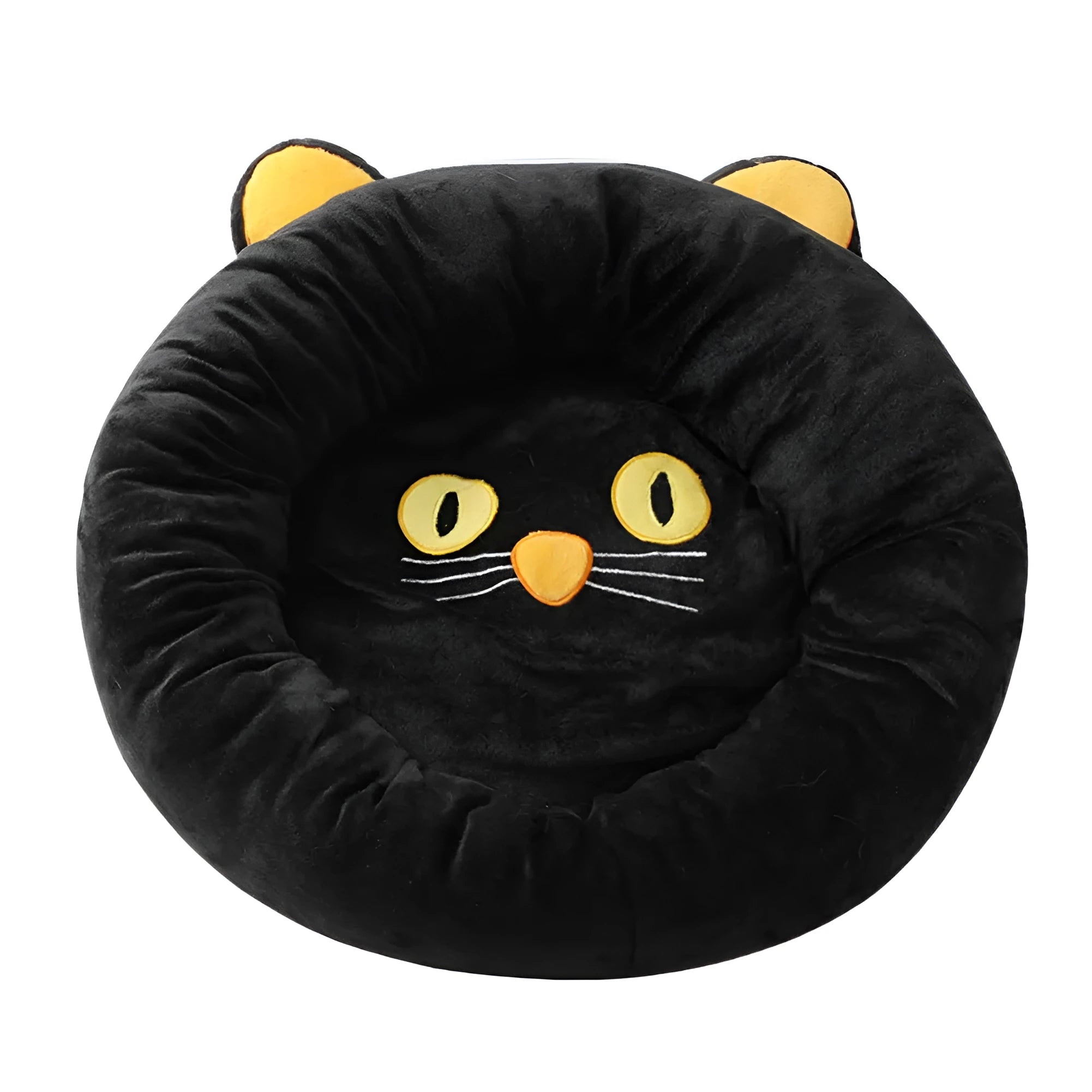 Black cat shaped velvet pet bed with raised edges for feline head and neck support