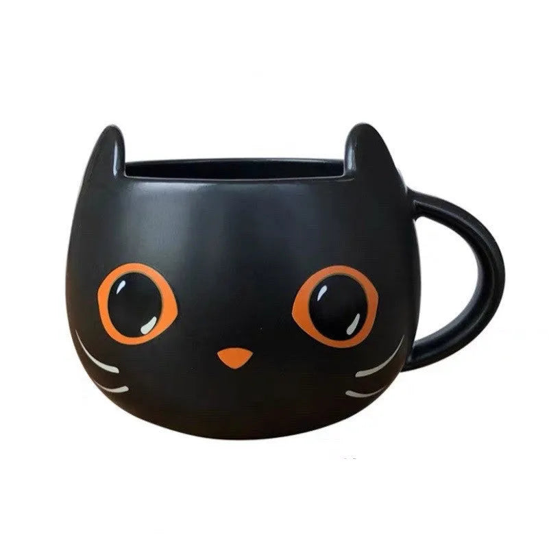 Black ceramic mug with cat-shaped pumpkin lid and spoon, 355ml capacity