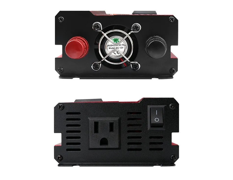 1200W car inverter 12V 24V to 110V US socket, 26cm x 10cm x 5.5cm, black or red, LED display and air cooling.