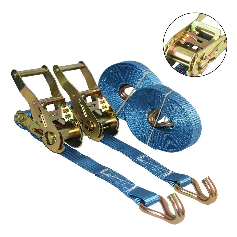 Double hook ratchet tensioner strap with steel mechanism and polyester webbing for cargo securing
